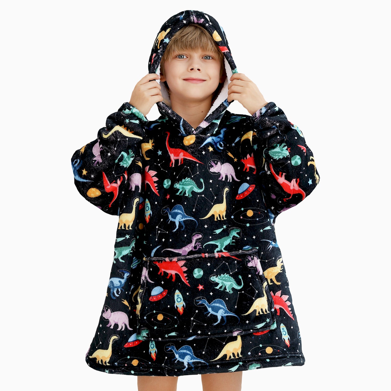 Black Dino & Space Kids Wearable Blanket Toddler Sherpa Sweatershirt Hoodie with Front Pocket