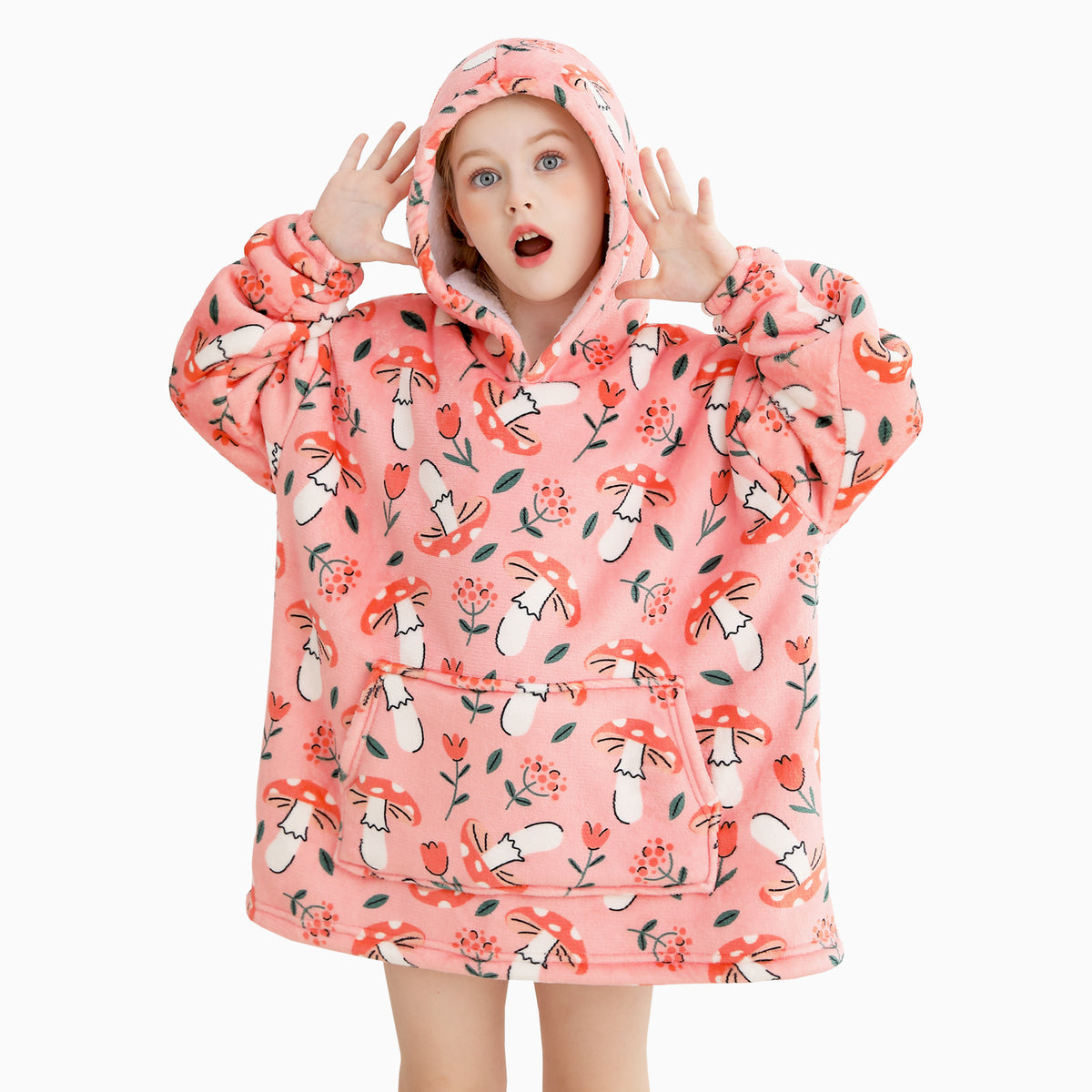 Pink Mushroom & Flower Kids Wearable Blanket, Toddler Sherpa Sweatershirt Hoodie with Front Pocket