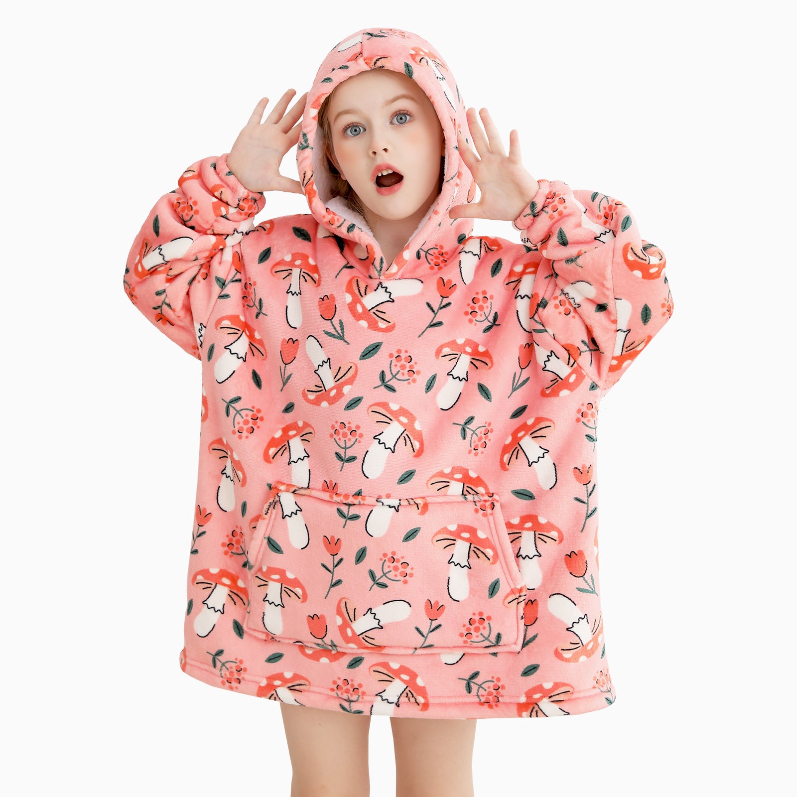 Pink Mushroom & Flower Kids Wearable Blanket, Toddler Sherpa Sweatershirt Hoodie with Front Pocket