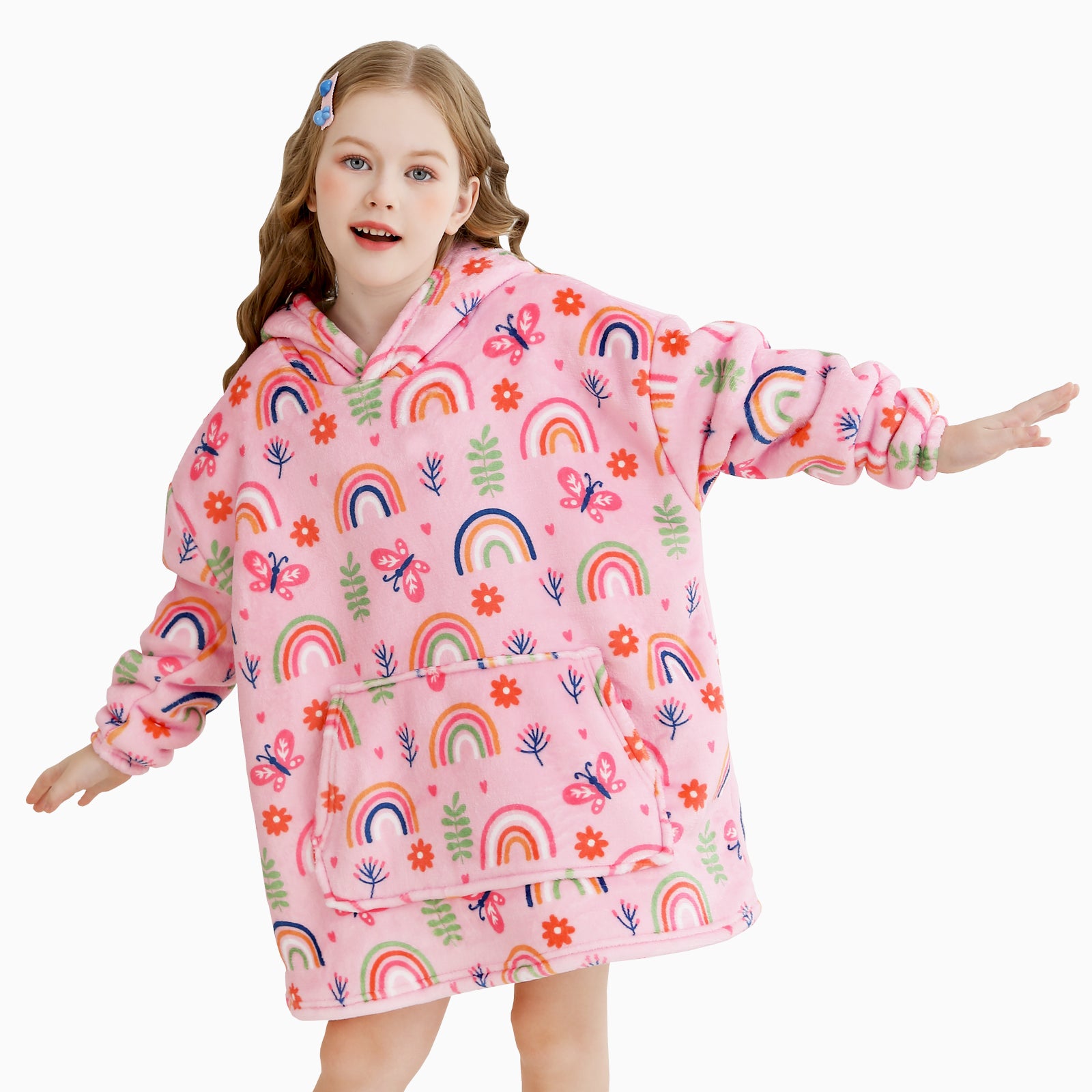 Pink Rainbow & Butterfly Kids Wearable Blanket, Toddler Sherpa Sweatershirt Hoodie with Front Pocket
