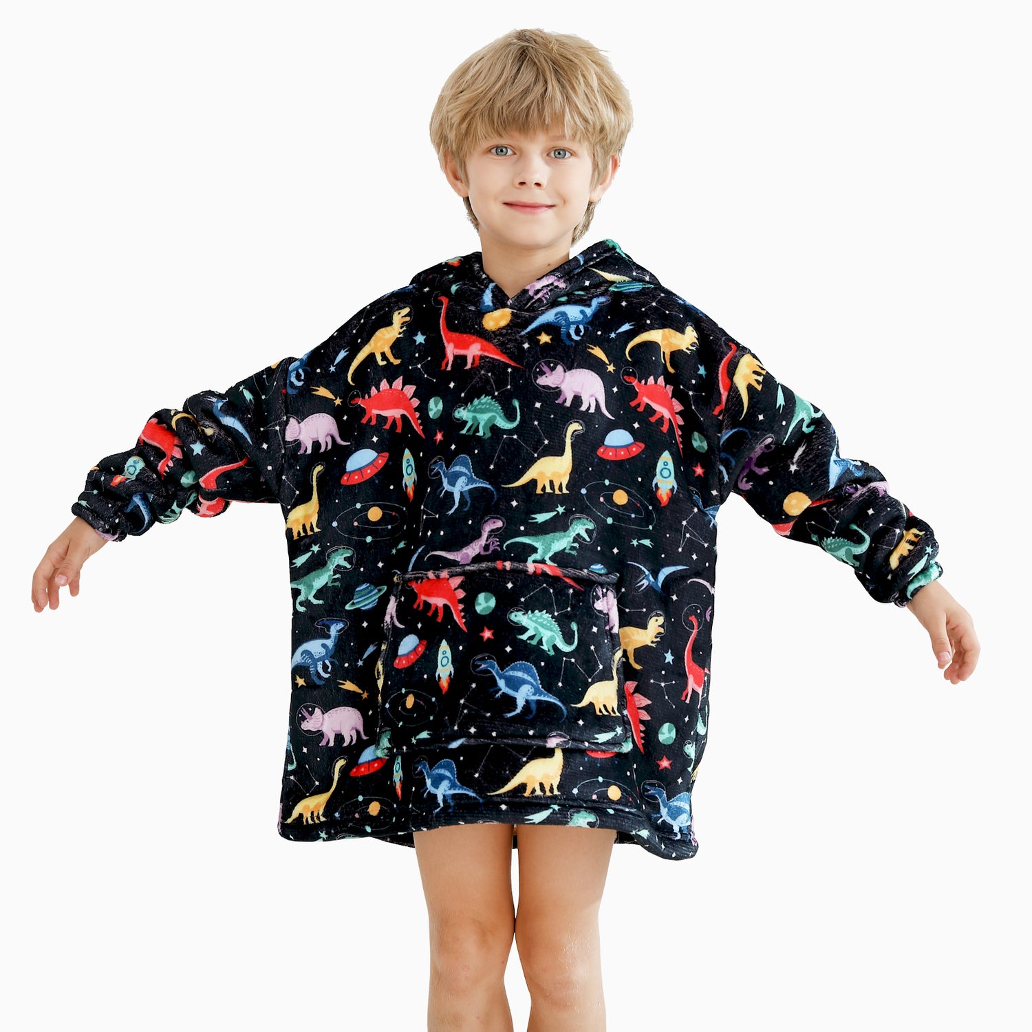 Black Dino & Space Kids Wearable Blanket Toddler Sherpa Sweatershirt Hoodie with Front Pocket