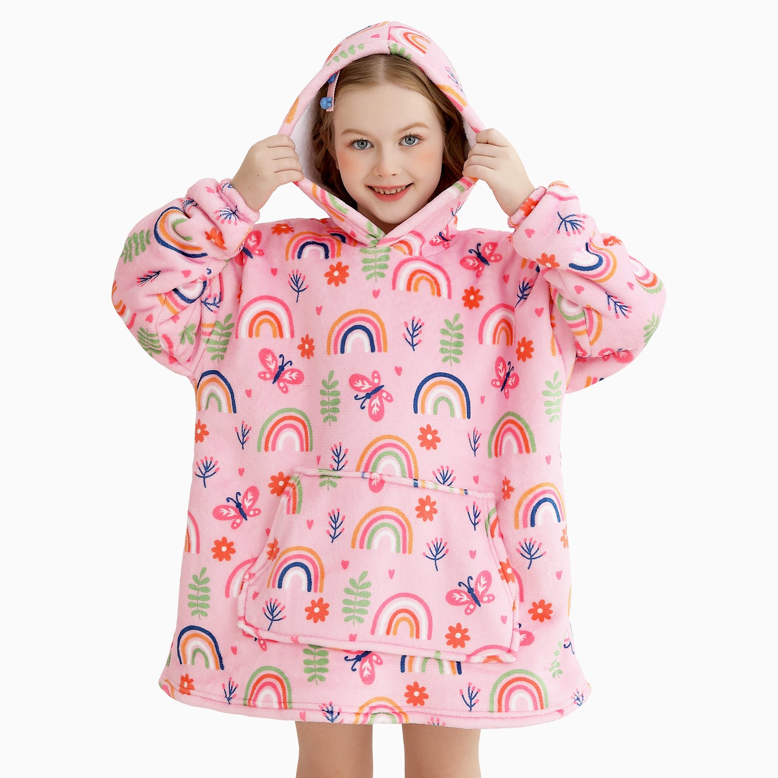 Pink Rainbow & Butterfly Kids Wearable Blanket, Toddler Sherpa Sweatershirt Hoodie with Front Pocket