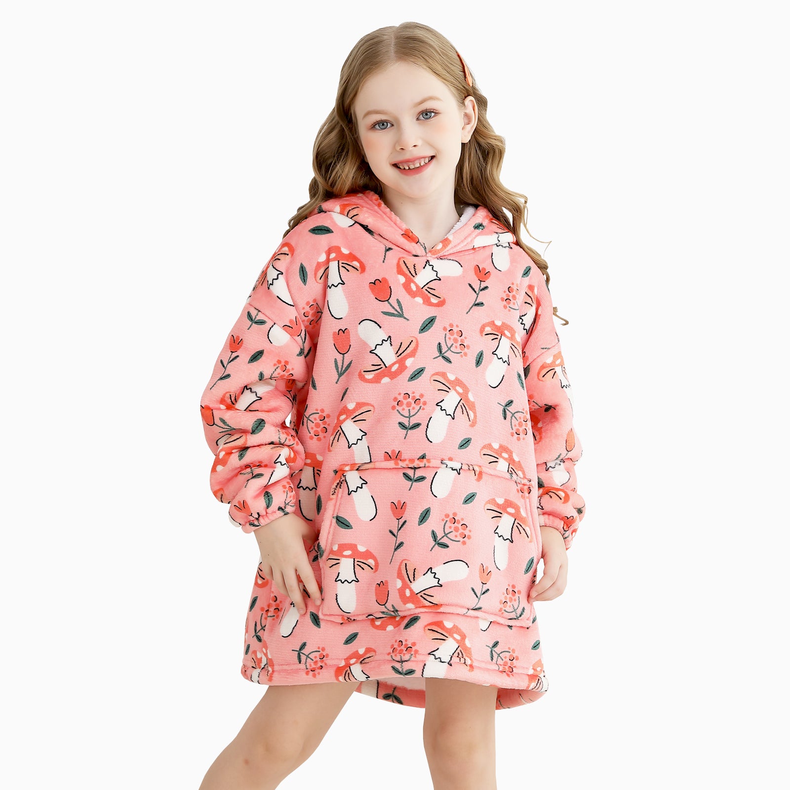 Pink Mushroom & Flower Kids Wearable Blanket, Toddler Sherpa Sweatershirt Hoodie with Front Pocket