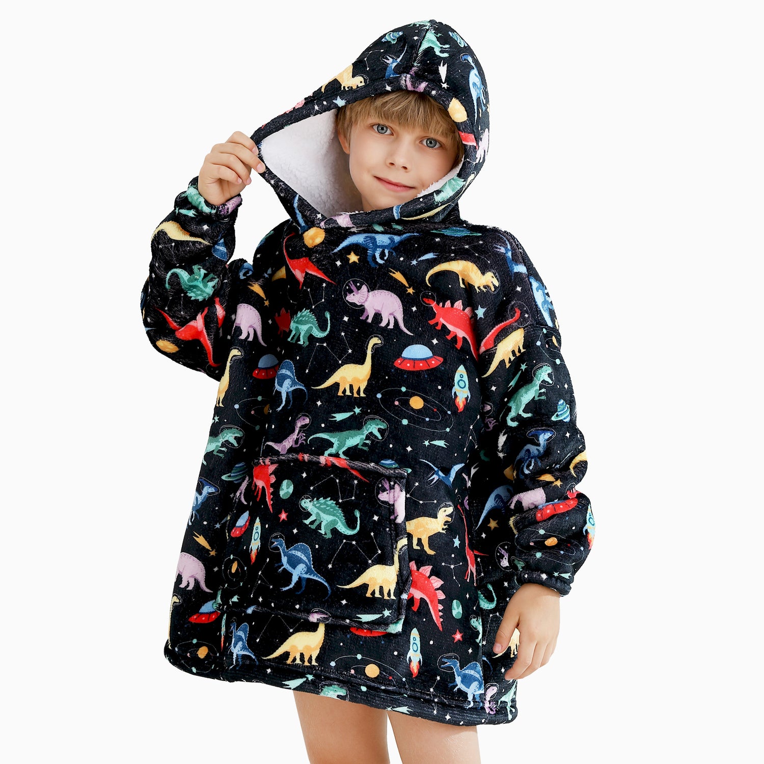 Black Dino & Space Kids Wearable Blanket Toddler Sherpa Sweatershirt Hoodie with Front Pocket