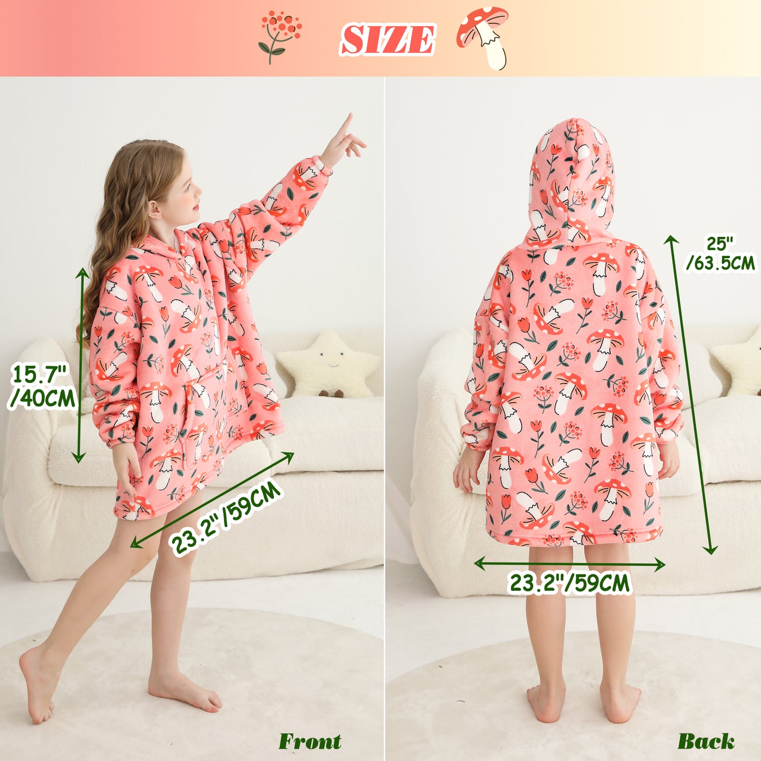Pink Mushroom & Flower Kids Wearable Blanket, Toddler Sherpa Sweatershirt Hoodie with Front Pocket