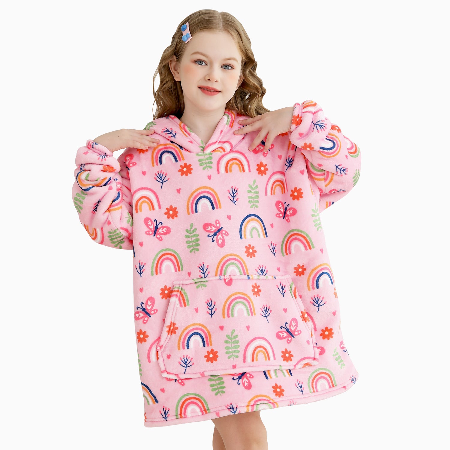 Pink Rainbow & Butterfly Kids Wearable Blanket, Toddler Sherpa Sweatershirt Hoodie with Front Pocket