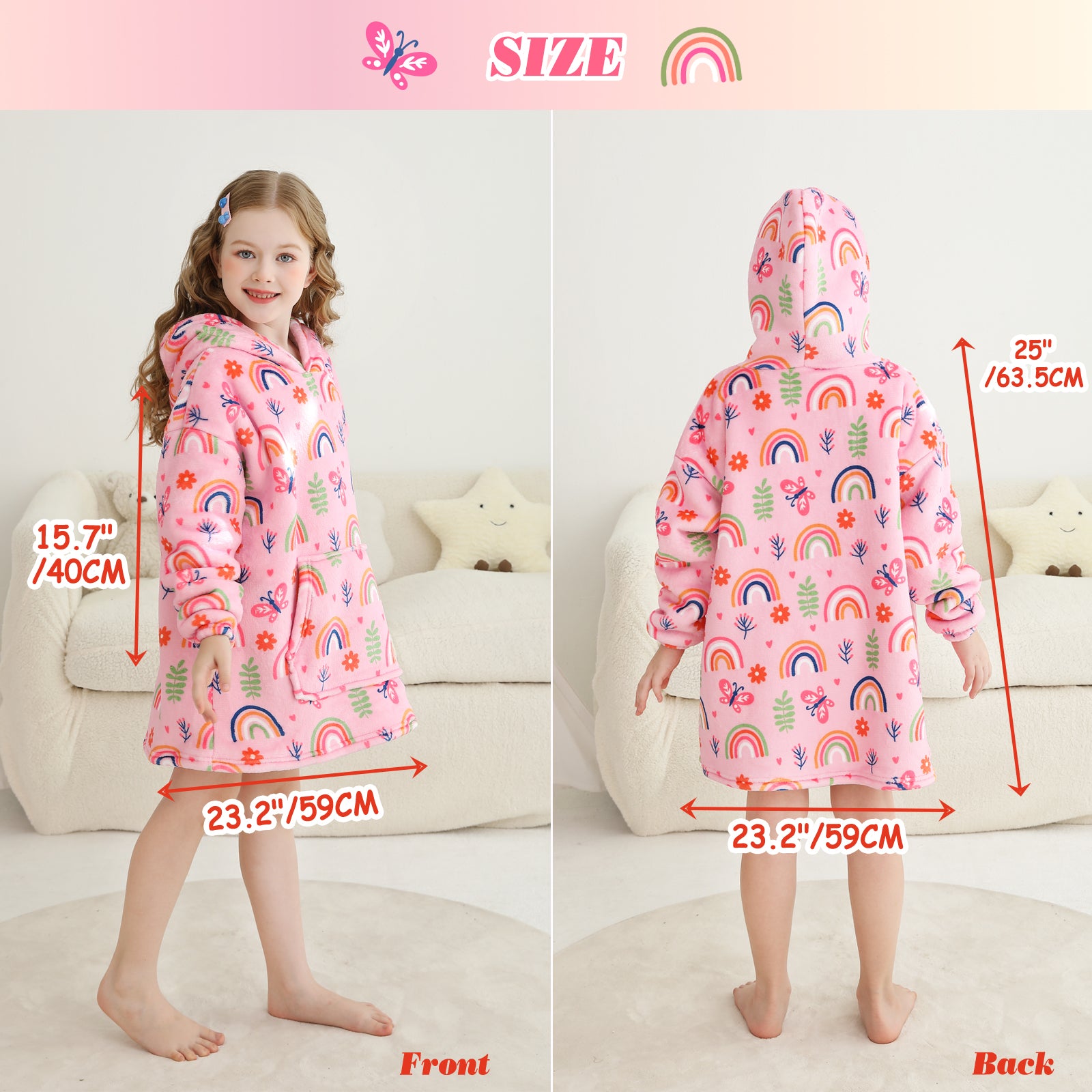 Pink Rainbow & Butterfly Kids Wearable Blanket, Toddler Sherpa Sweatershirt Hoodie with Front Pocket