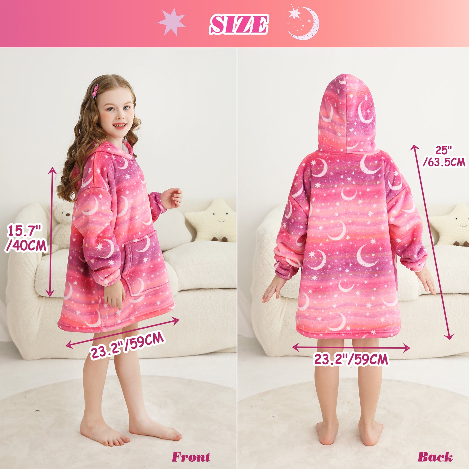 Star & Moon Kids Wearable Blanket, Toddler Sherpa Sweatershirt Hoodie with Front Pocket