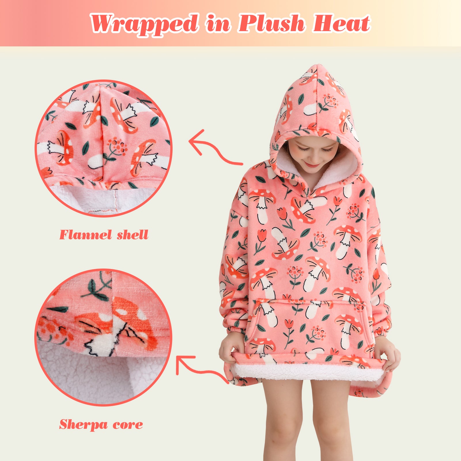 Pink Mushroom & Flower Kids Wearable Blanket, Toddler Sherpa Sweatershirt Hoodie with Front Pocket