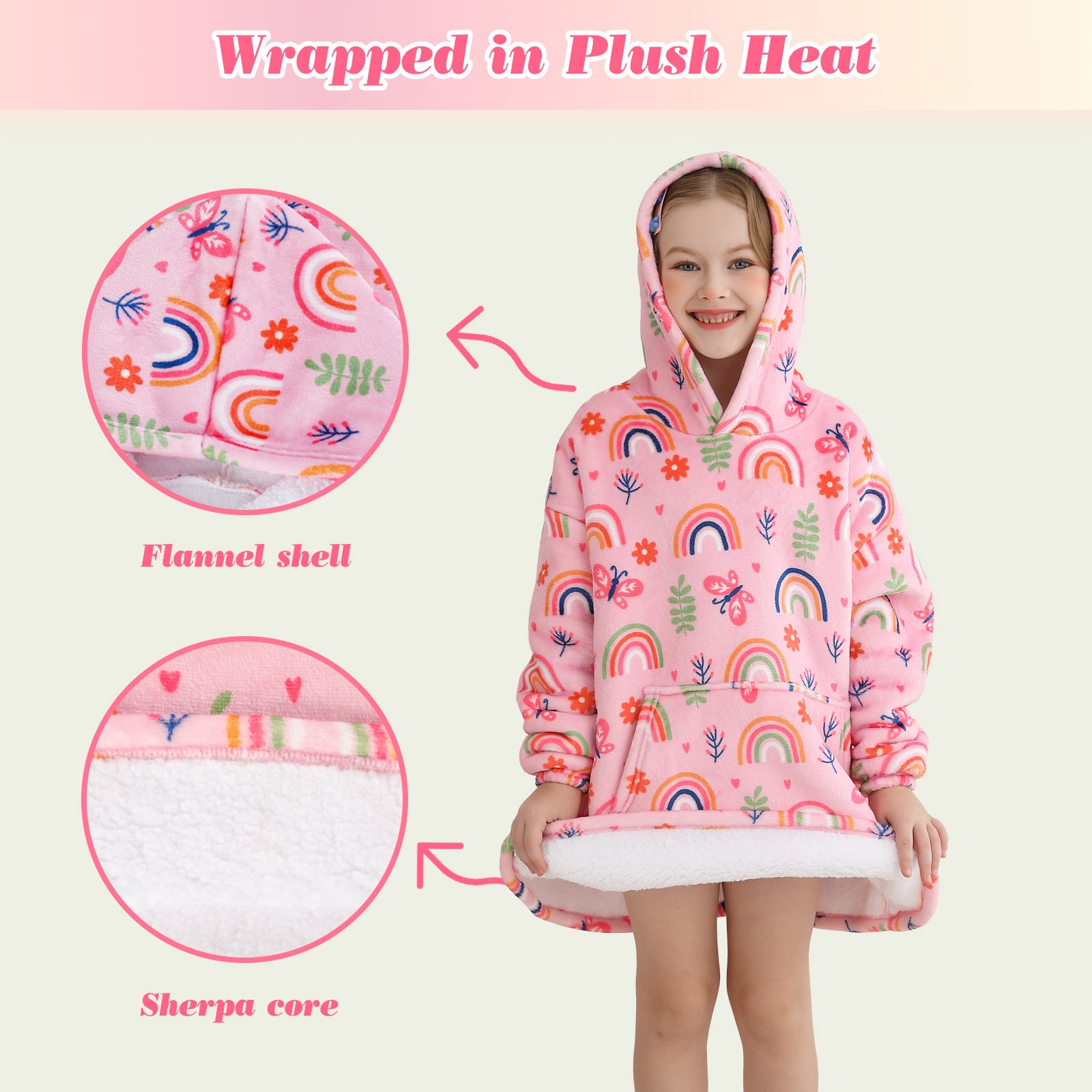 Pink Rainbow & Butterfly Kids Wearable Blanket, Toddler Sherpa Sweatershirt Hoodie with Front Pocket