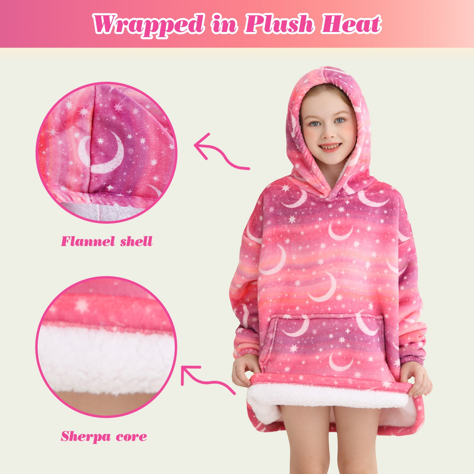 Star & Moon Kids Wearable Blanket, Toddler Sherpa Sweatershirt Hoodie with Front Pocket