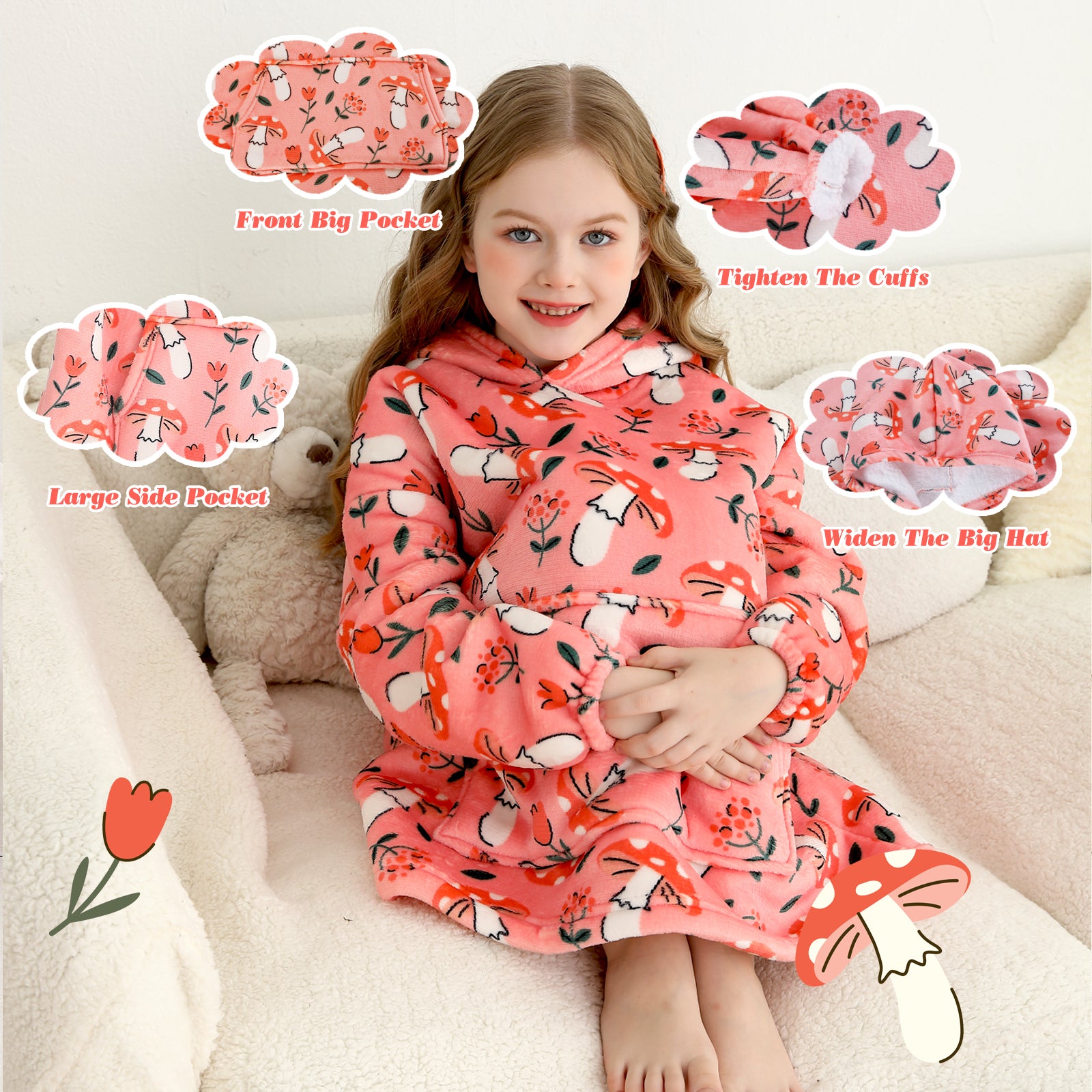 Pink Mushroom & Flower Kids Wearable Blanket, Toddler Sherpa Sweatershirt Hoodie with Front Pocket