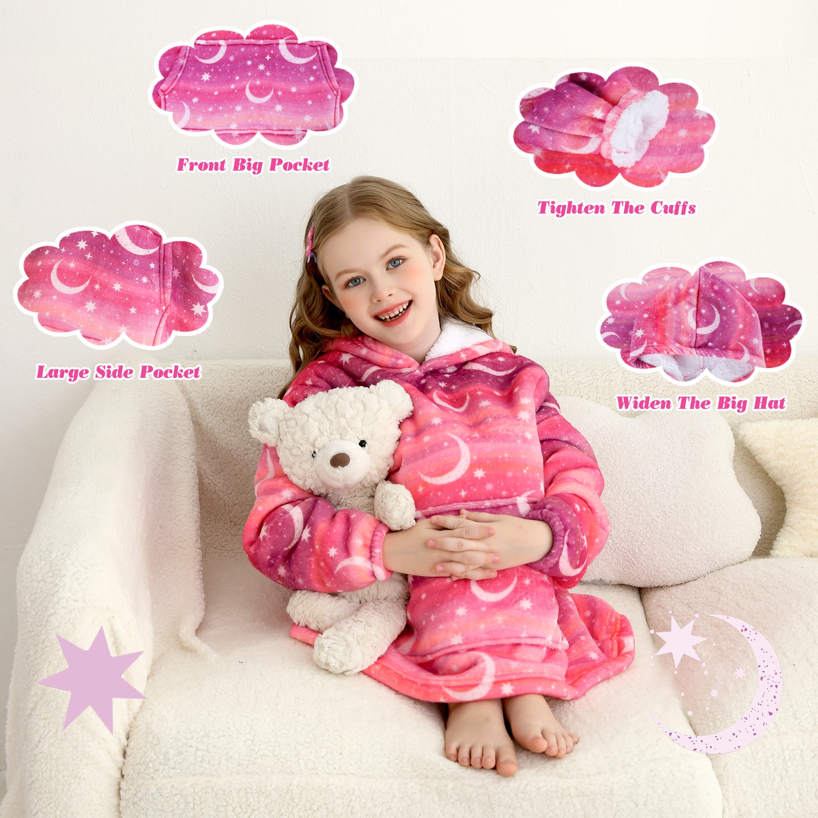 Star & Moon Kids Wearable Blanket, Toddler Sherpa Sweatershirt Hoodie with Front Pocket