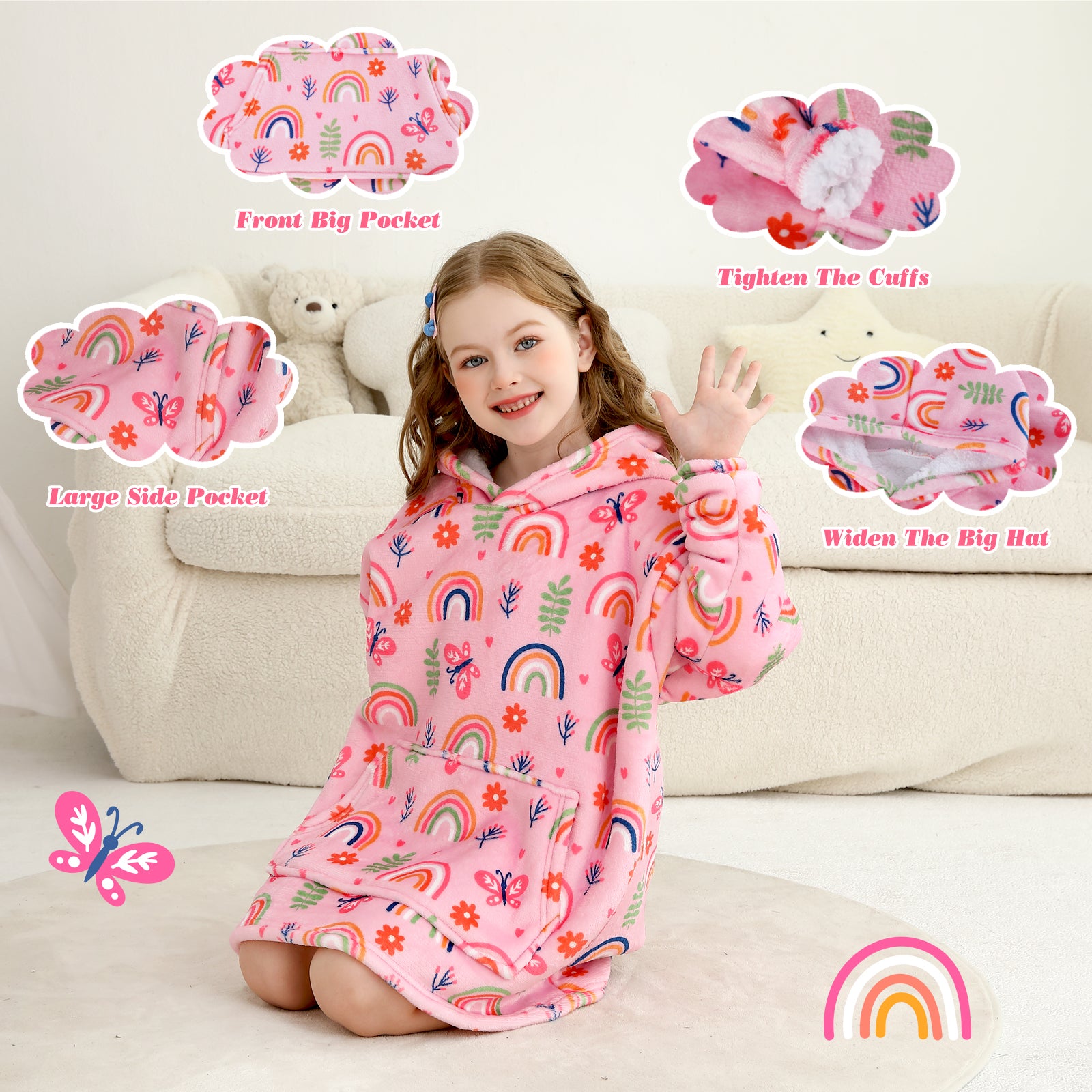 Pink Rainbow & Butterfly Kids Wearable Blanket, Toddler Sherpa Sweatershirt Hoodie with Front Pocket