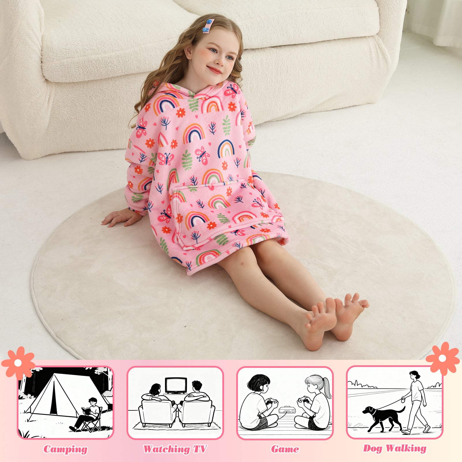 Pink Rainbow & Butterfly Kids Wearable Blanket, Toddler Sherpa Sweatershirt Hoodie with Front Pocket