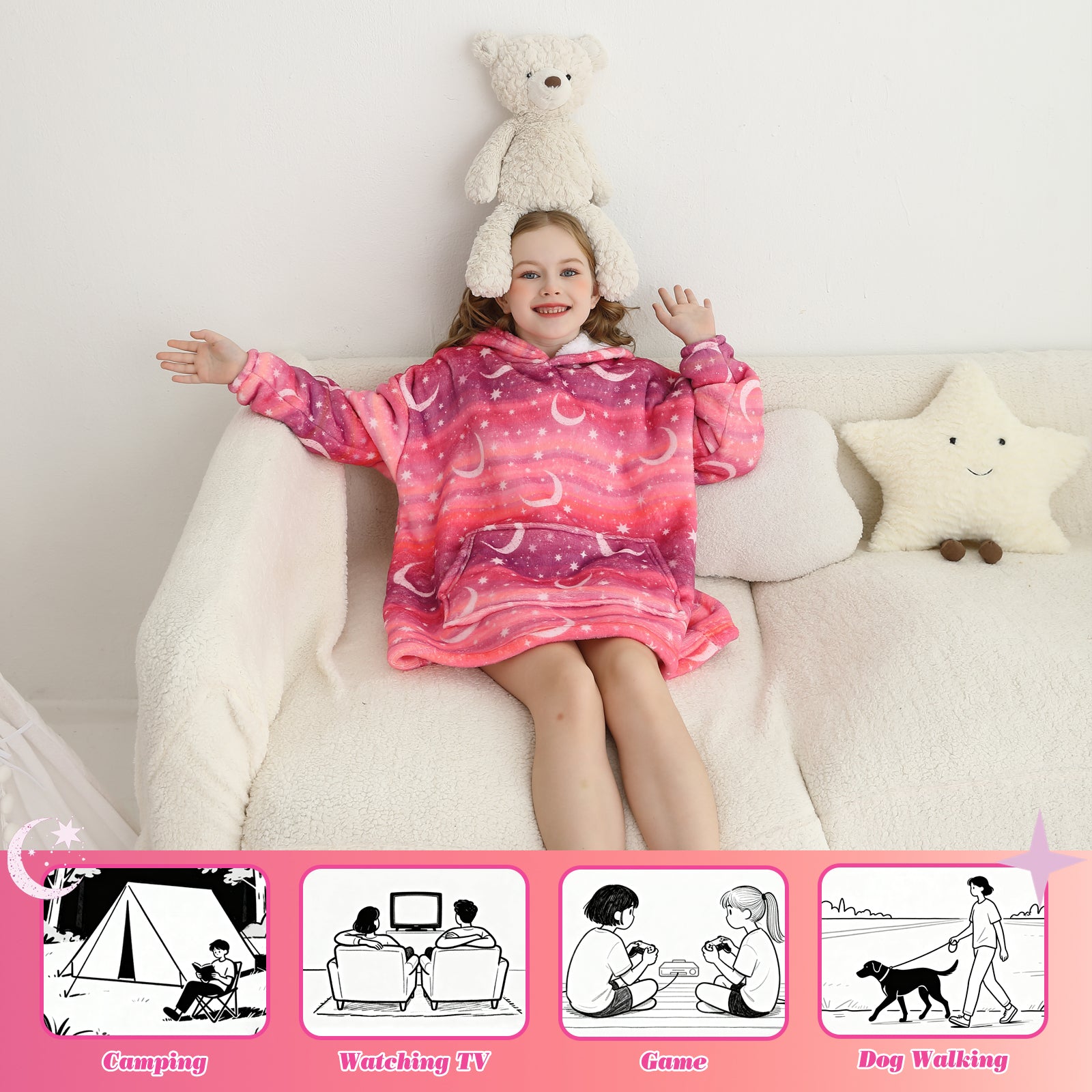 Star & Moon Kids Wearable Blanket, Toddler Sherpa Sweatershirt Hoodie with Front Pocket