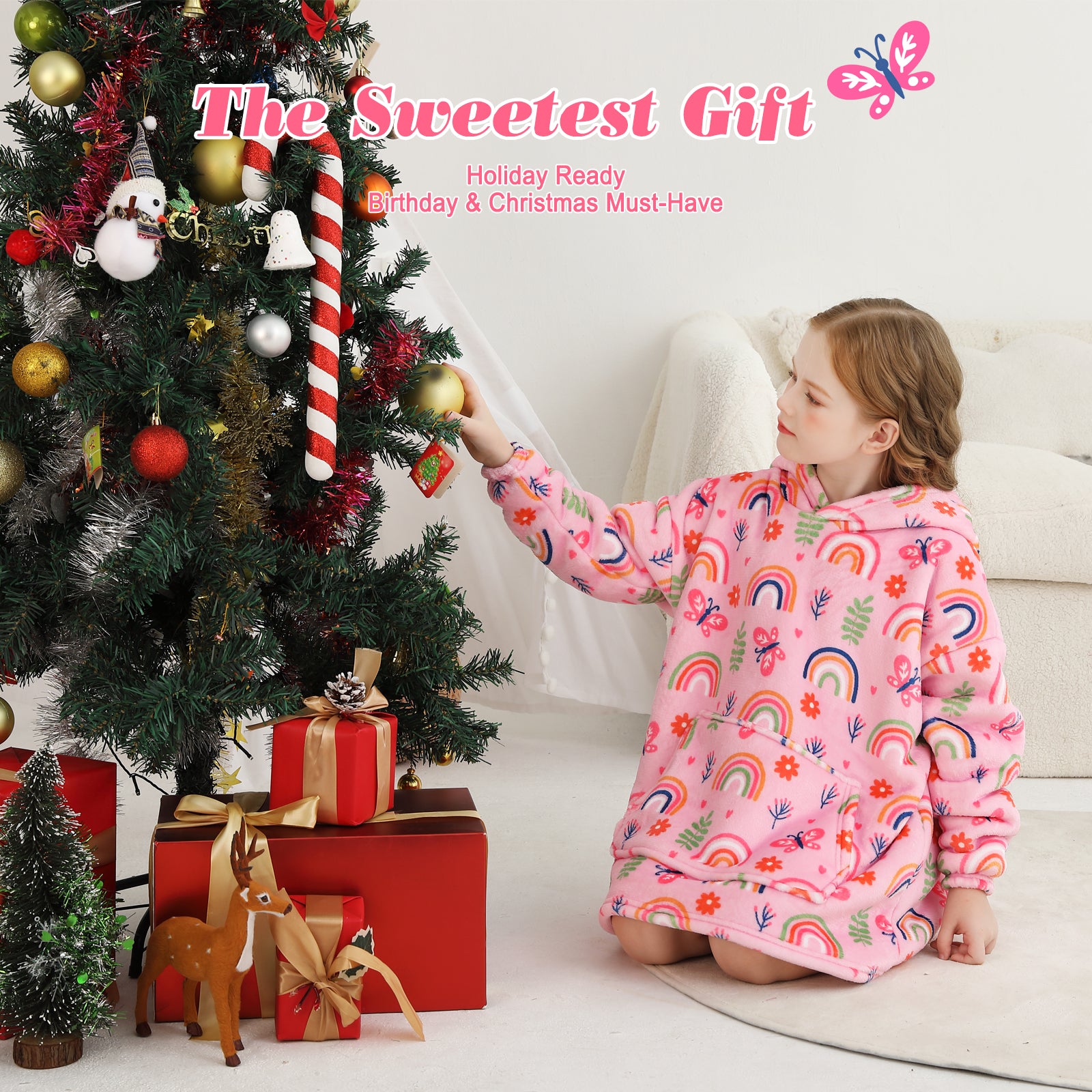 Pink Rainbow & Butterfly Kids Wearable Blanket, Toddler Sherpa Sweatershirt Hoodie with Front Pocket