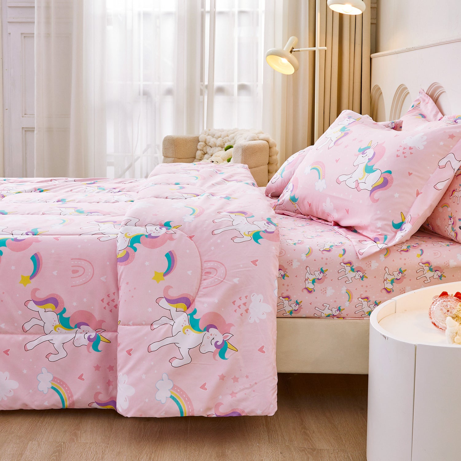 Pink Unicorn Rainbow 6/8 Pcs Comforter Sets for Girls Kids