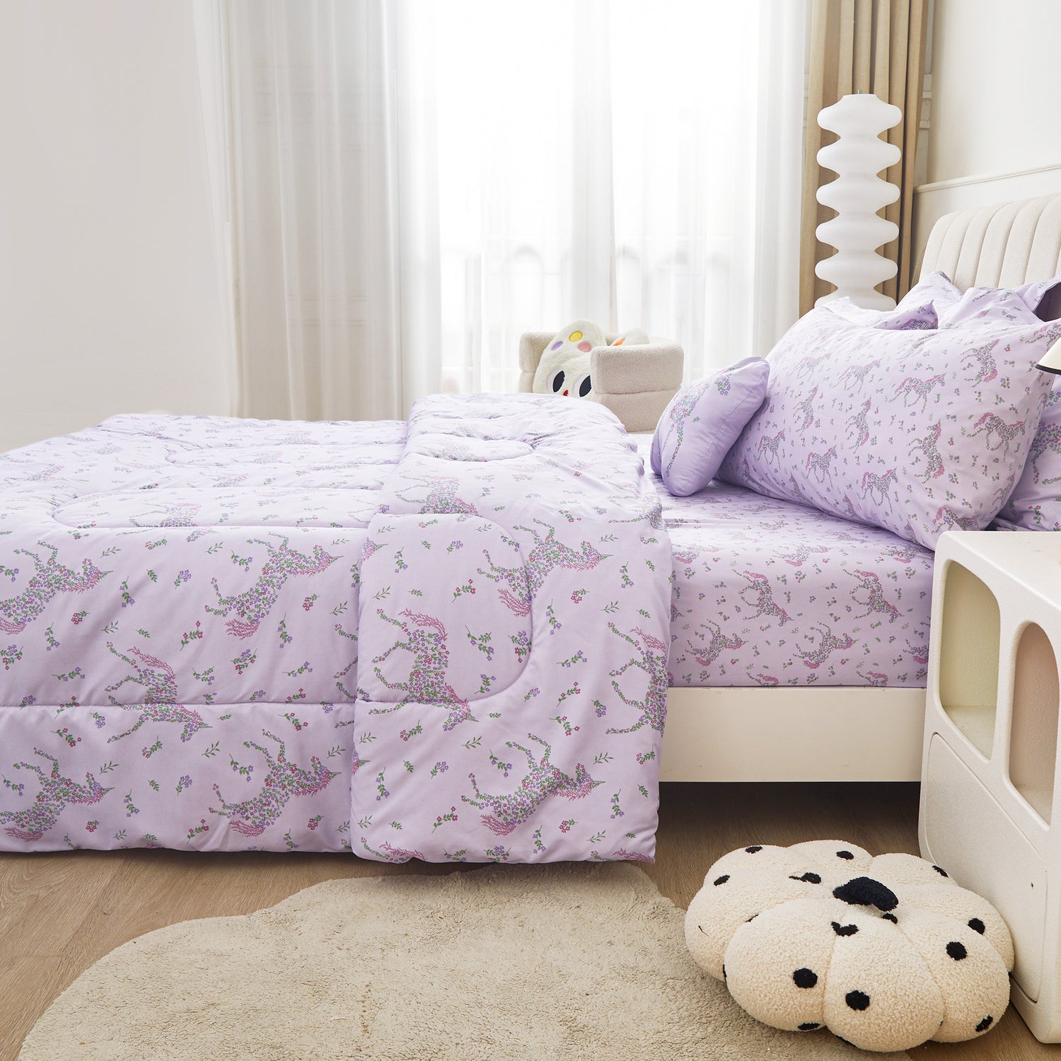 Purple Floral Unicorn 6/8 Pcs Comforter Sets for Girls Kids