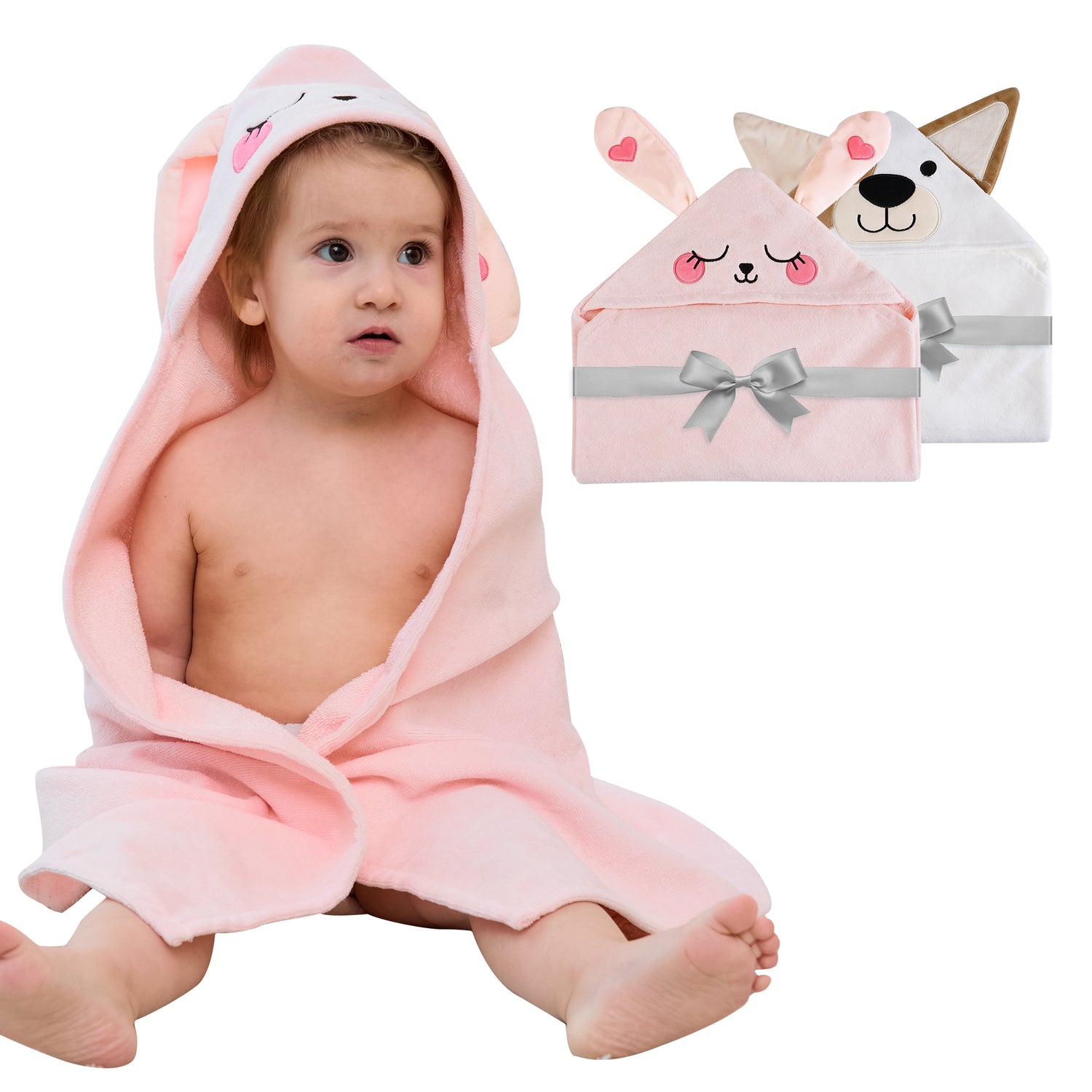 (Dog & Pink Rabbit) 2 Pack Cotton Hooded Baby Towels, Extra Thick and Absorbent, 32" * 32"