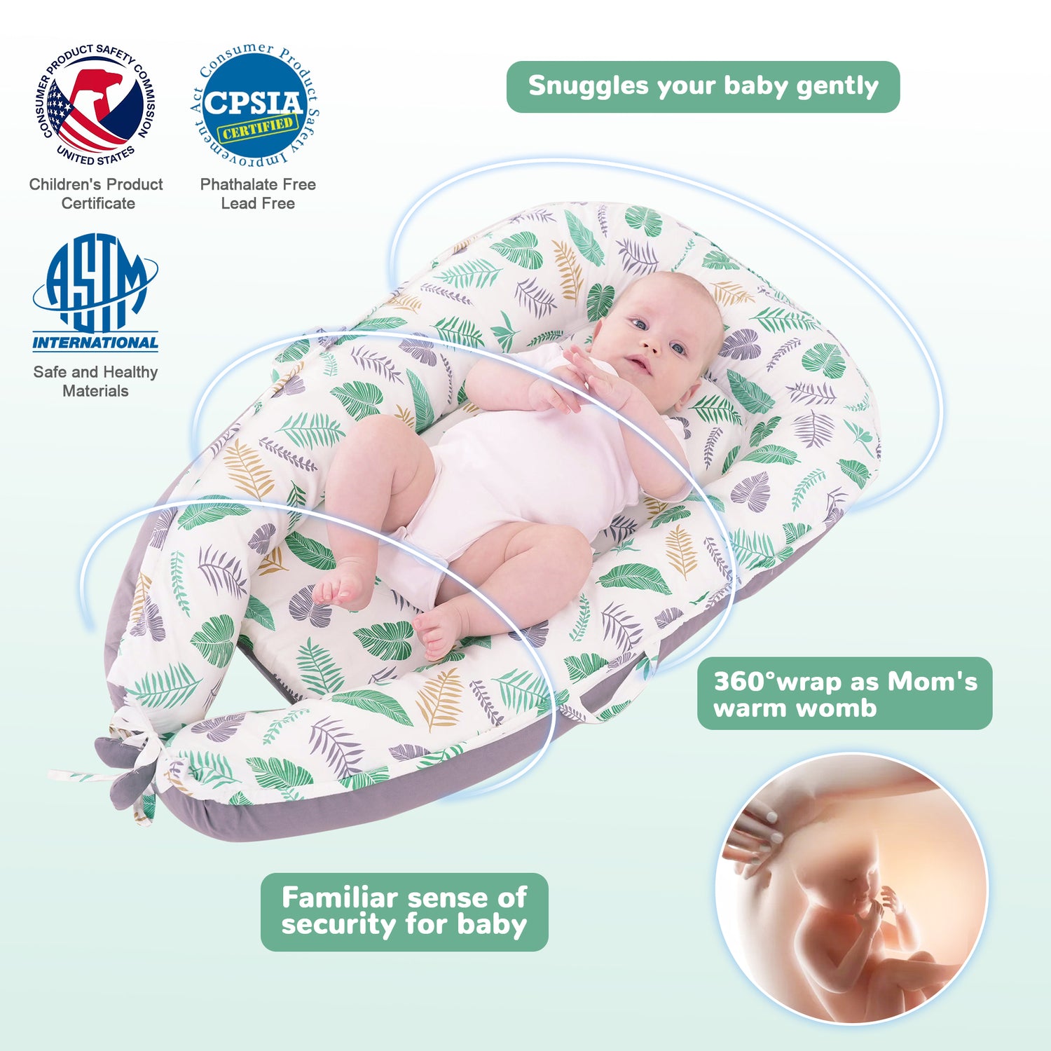 Green Feather Baby Lounger - Baby Nest Co Sleeper for Baby Bed, Soft & Breathable Portable Cotton Newborn Lounger Nest for Crib Bassinet