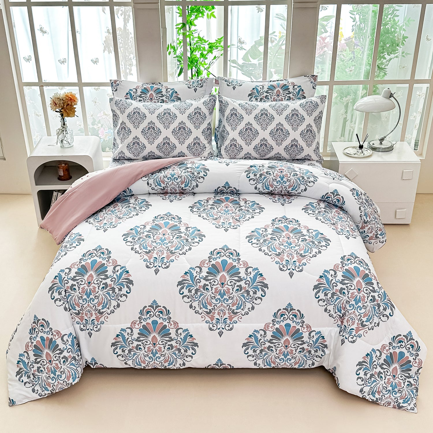 Graceful Floral Damask Comforter Set 7 Pieces