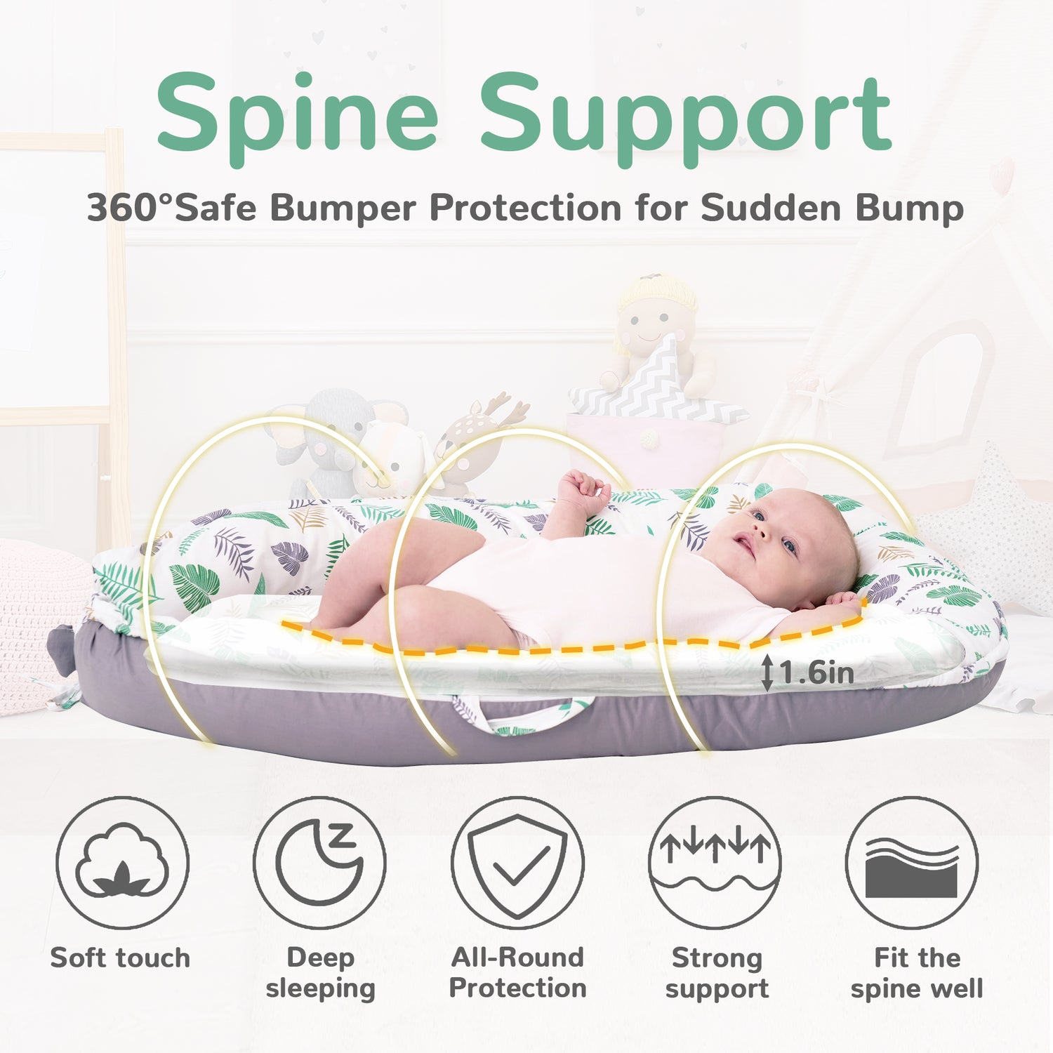 Green Feather Baby Lounger - Baby Nest Co Sleeper for Baby Bed, Soft & Breathable Portable Cotton Newborn Lounger Nest for Crib Bassinet