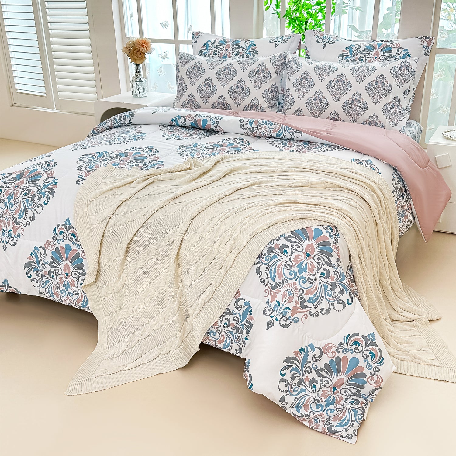 Graceful Floral Damask Comforter Set 7 Pieces
