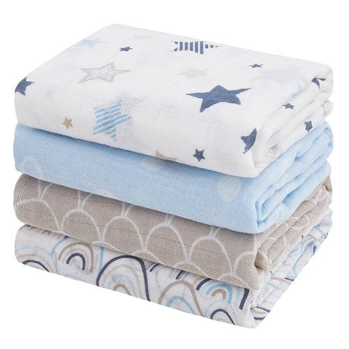 Blue Rainbow and Five-Pointed Star 4-Pack Cotton Muslin Swaddle Blankets, 47 x 47 in