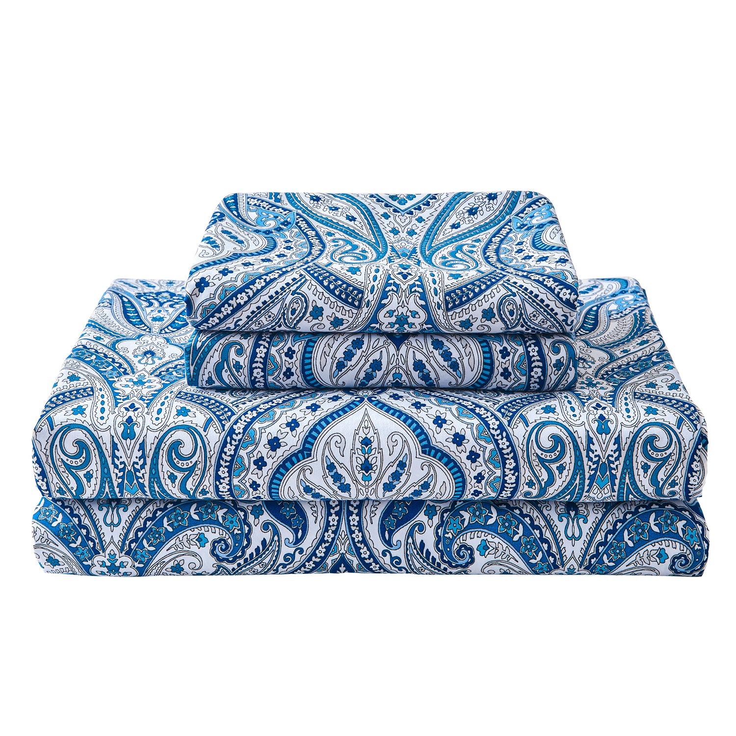 Blue Paisley Elegance Pattern  Bed Sheet Set with Non-slip Straps