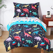 Space Dinosaur Printed Toddler Comforter Set– 4 Piece
