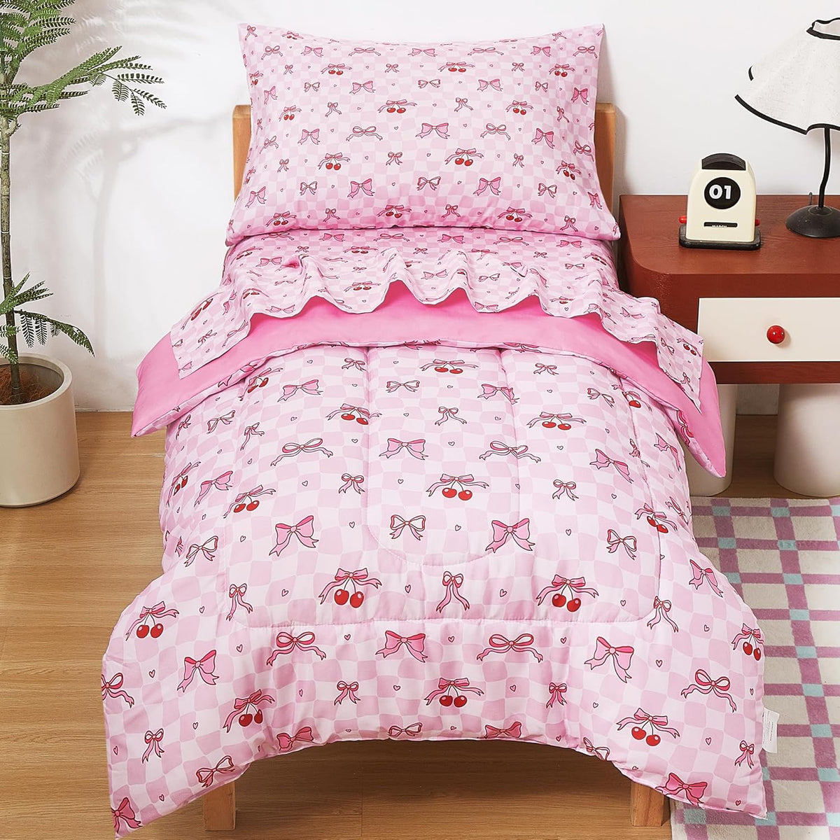 Pink Cherry Printed Toddler Comforter Set– 4 Piece