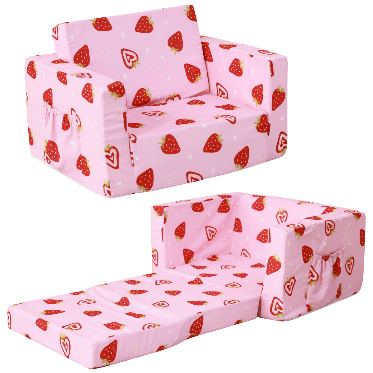 Pink Strawberry 2-in-1 Kids Sofa for Toddler Convertible Sofa to Lounger Bed