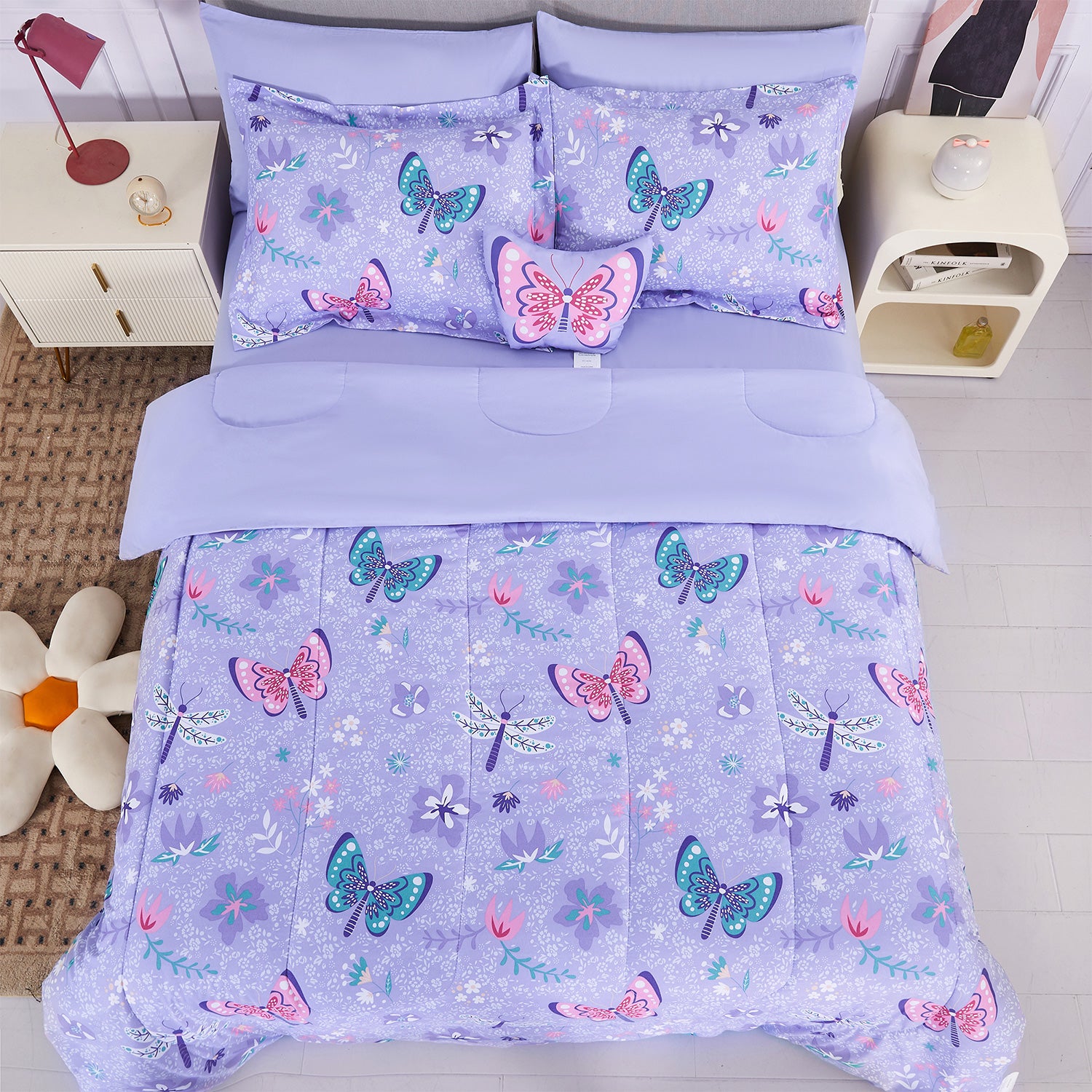 Butterfly Purple Kids Comforter Sets for Girls