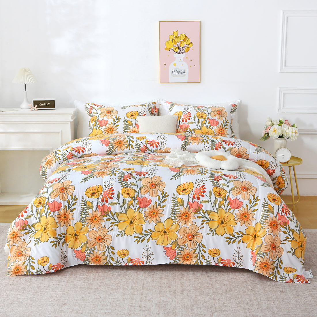 Floral Down Alternative Comforter & Shams Set - Pink Yellow Flower