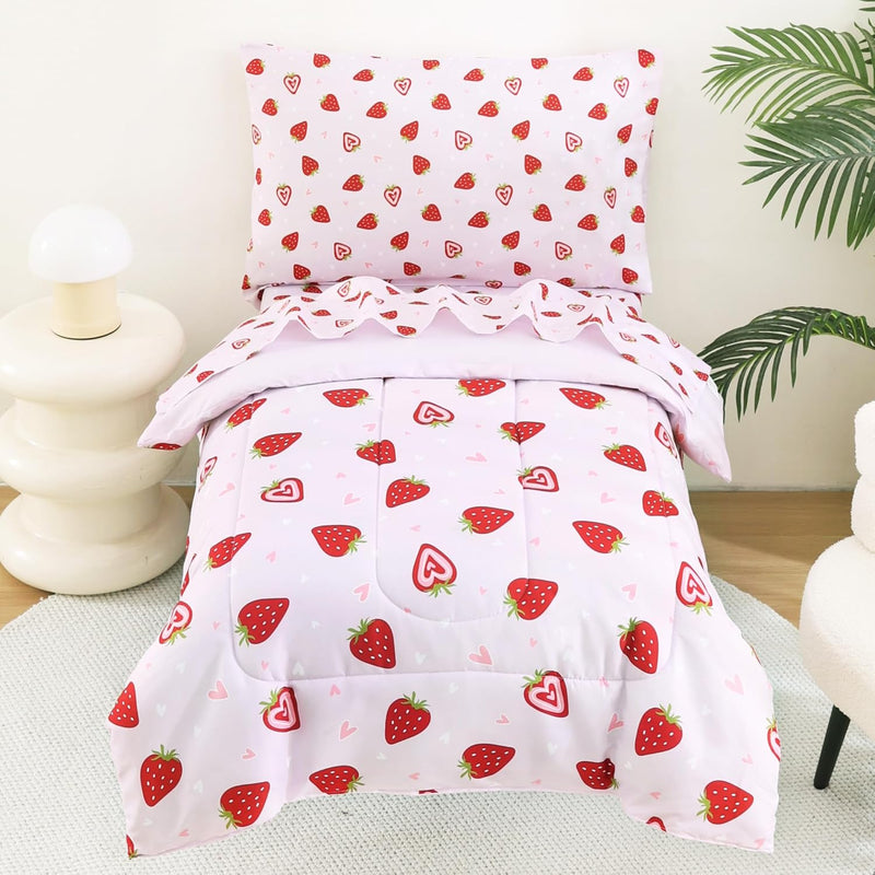 Pink Strawberry Printed Toddler Comforter Set– 4 Piece