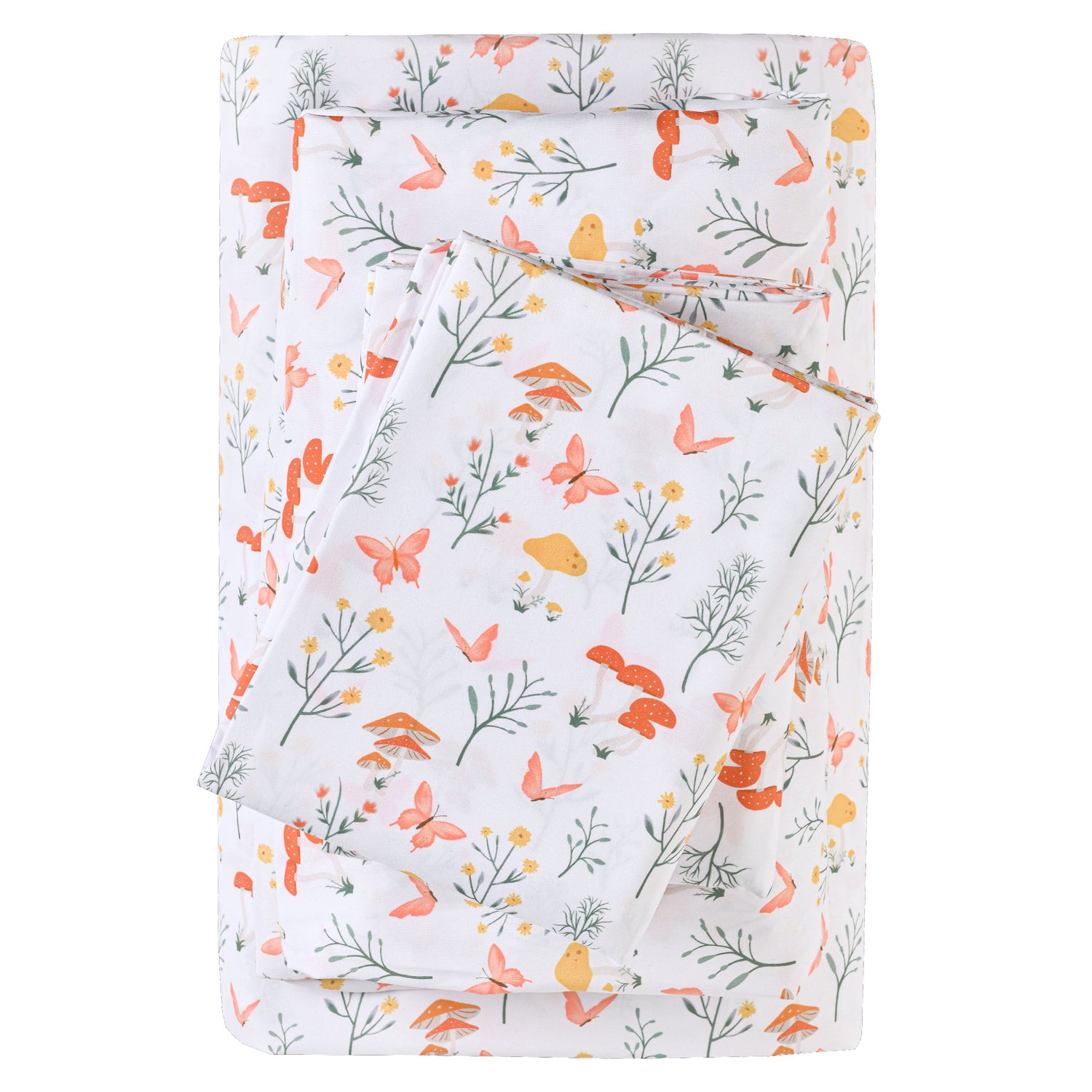 4 Piece Mushroom Vintage Butterfly Flower Patterned Bed Sheets Set