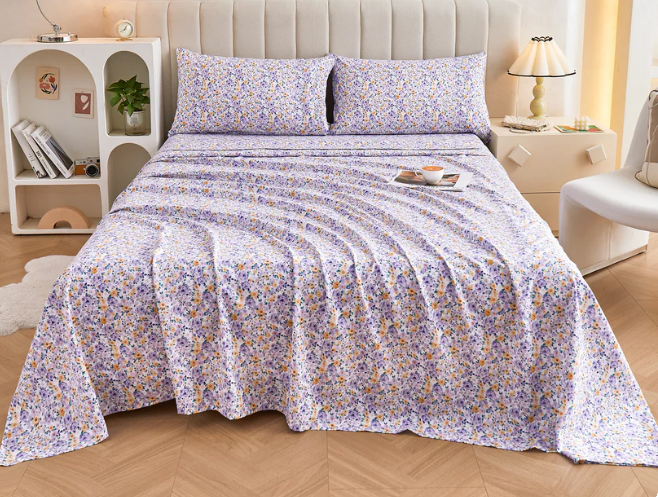 Pastel Purple Floral Bed Sheet Set Deep Pocket Double Brushed Microfiber