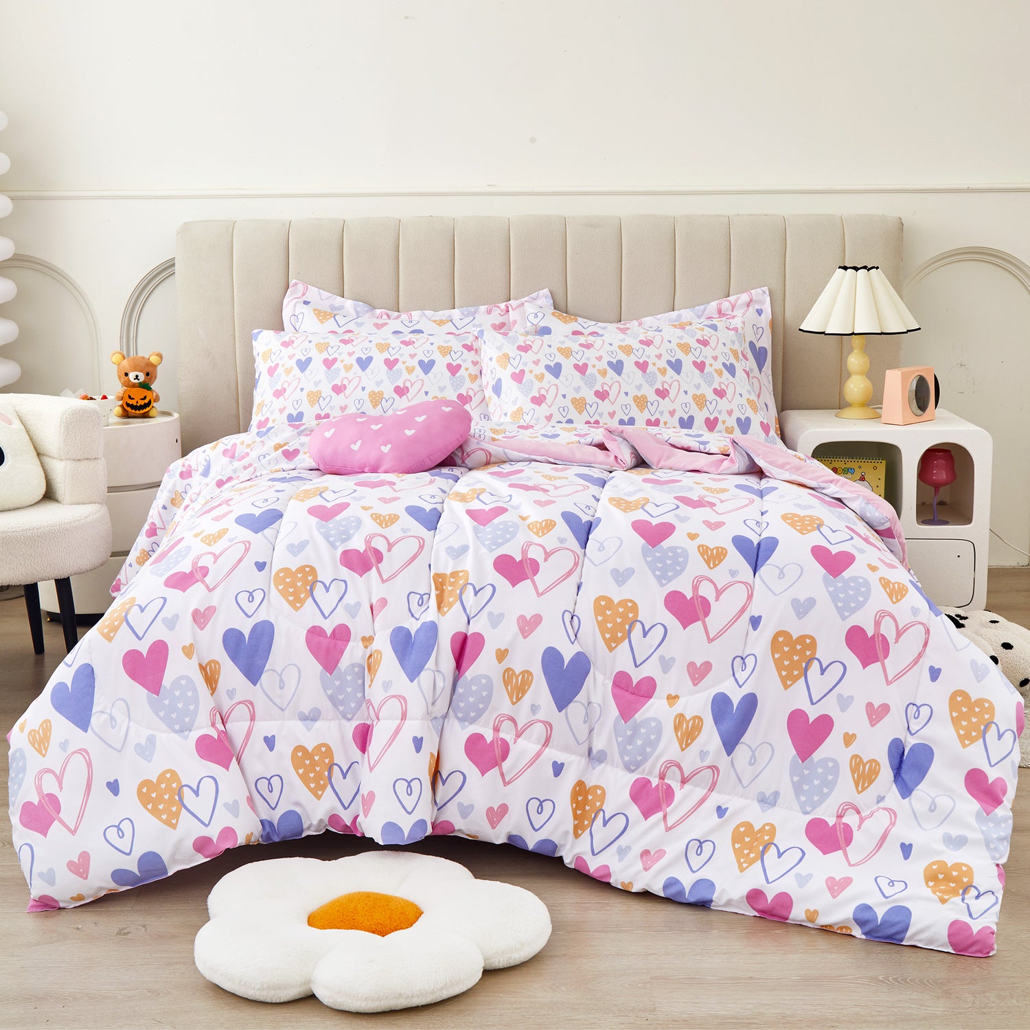 Pink Heart 6/8 Pcs Comforter Sets for Girls Kids