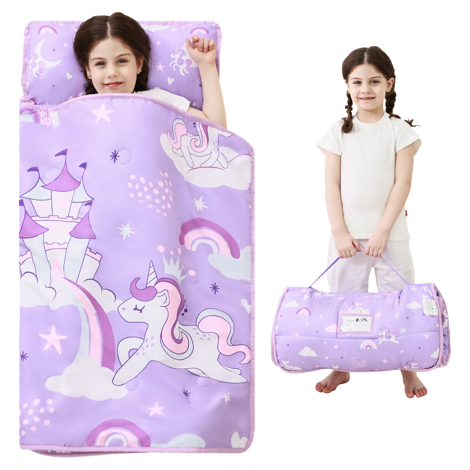 Purple Unicorn Toddler Nap Mat with Pillow and Blanket