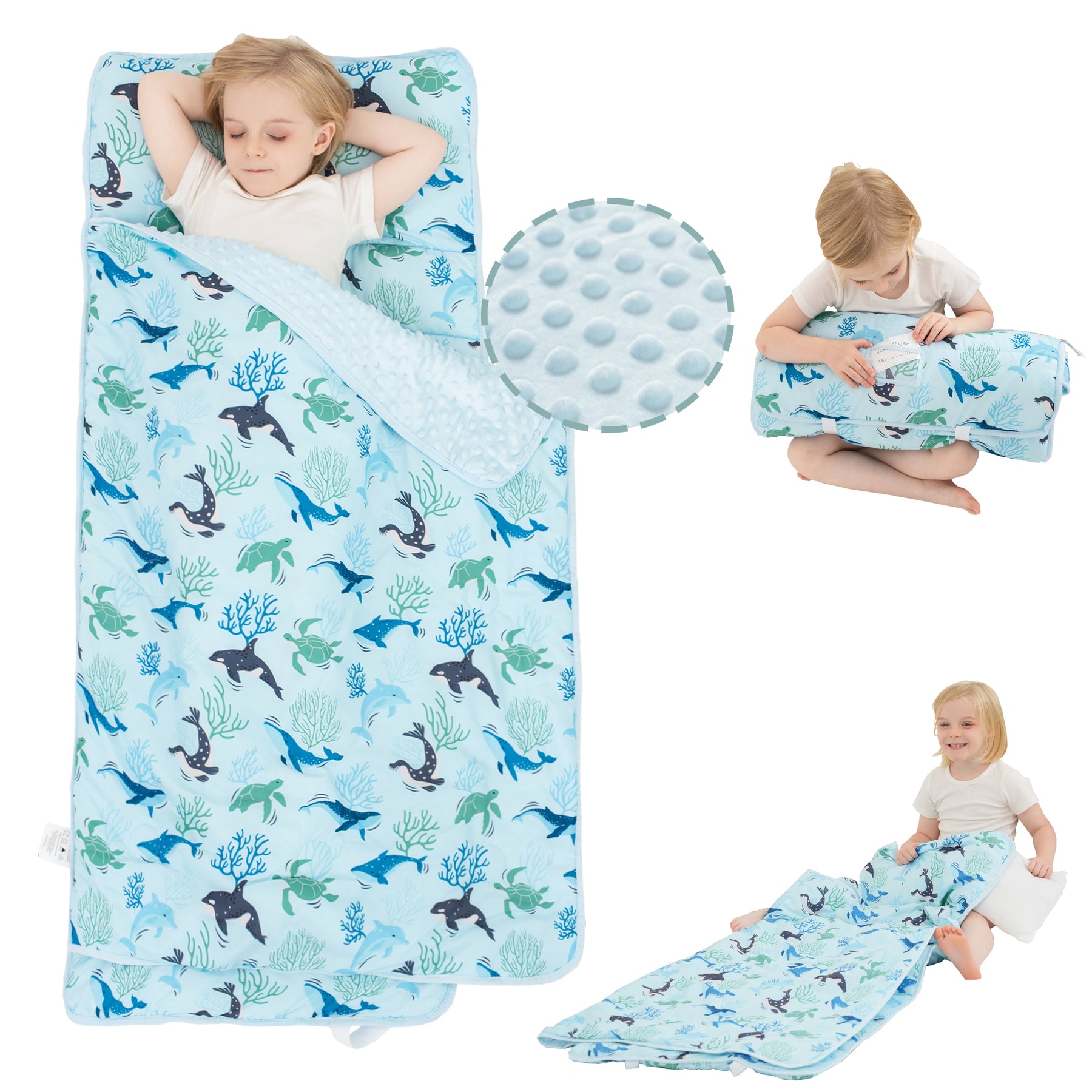 Blue Ocean Whales Toddler Nap Mat with Pillow & Blanket