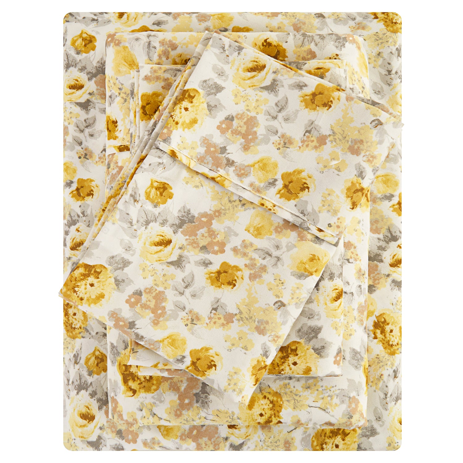 4 Pieces Grey and Yellow Flower Bed Sheet Set