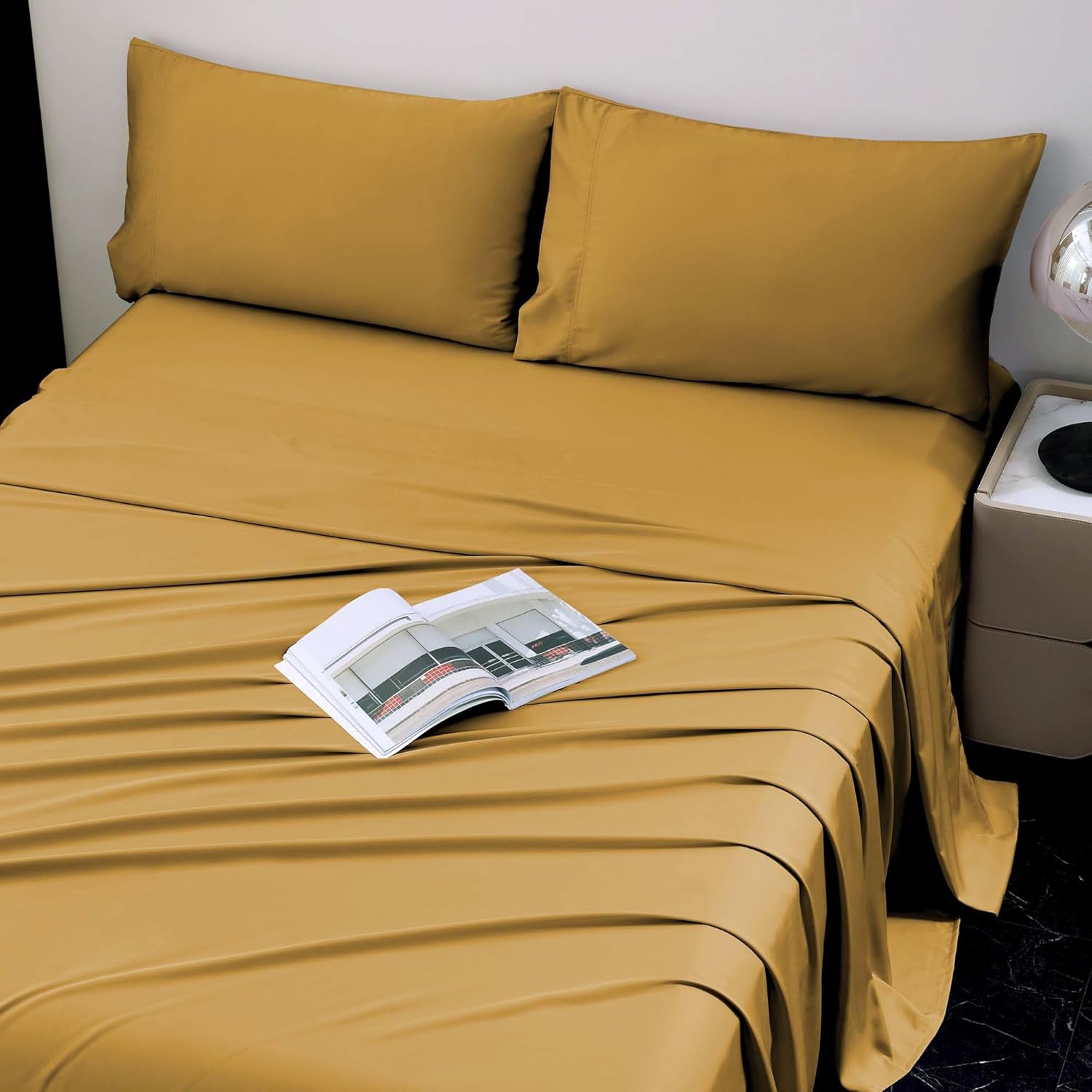 Cooling Full Sheets, Bamboo Viscose with Elastic Corner Straps, Gold Cold Siky Sheet & Pillowcase Sets for Hot Sleepers