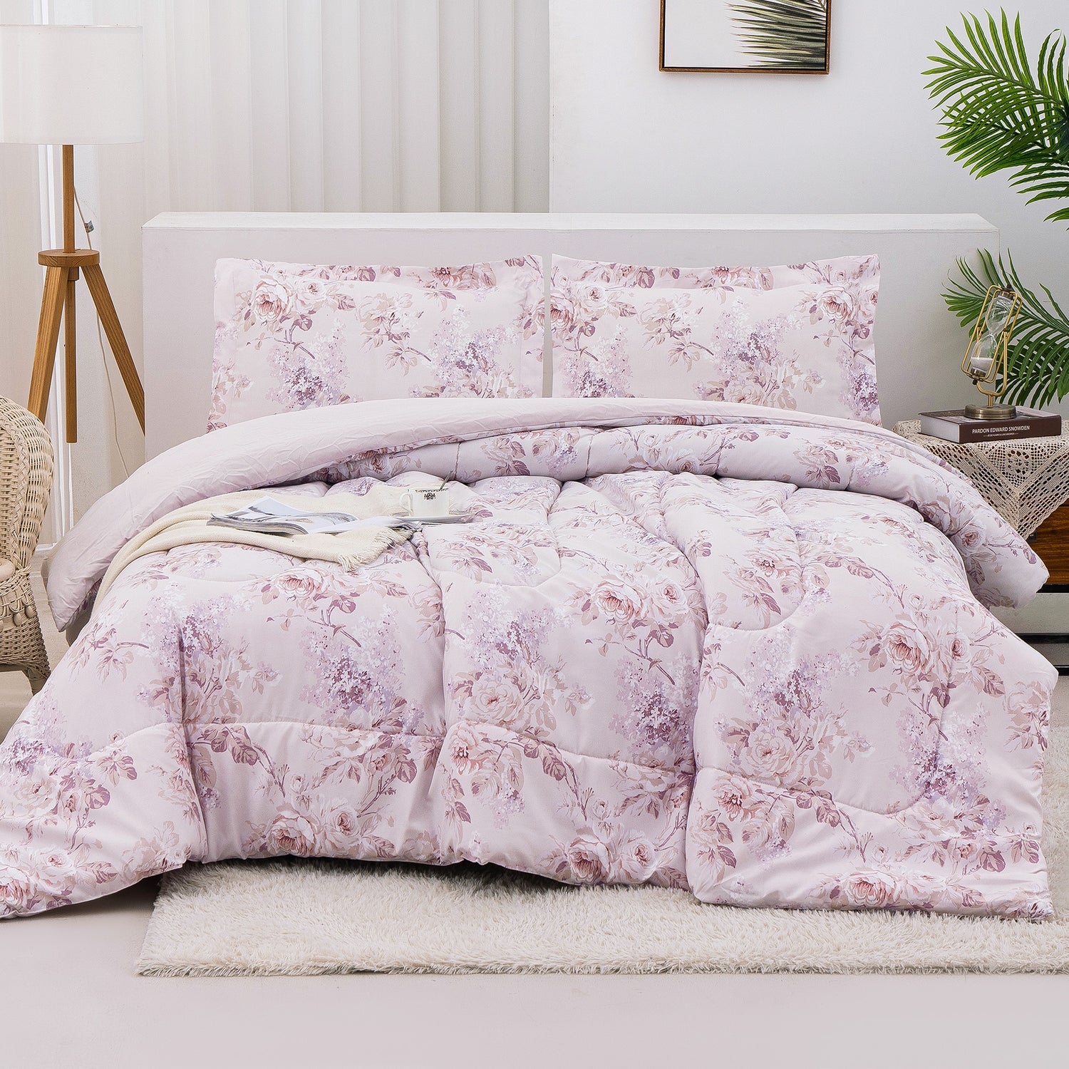 Pink Flower 3 Pieces Comforter Sets with Pillow Shams