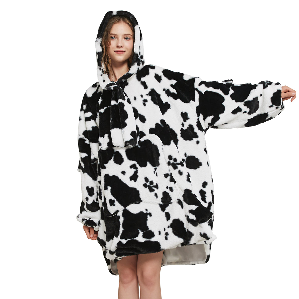 Black Cow Print Blanket Hoodie Oversized Super Soft Warm Giant Pullover with Large Front Pocket,Gifts for Women Men Teenagers