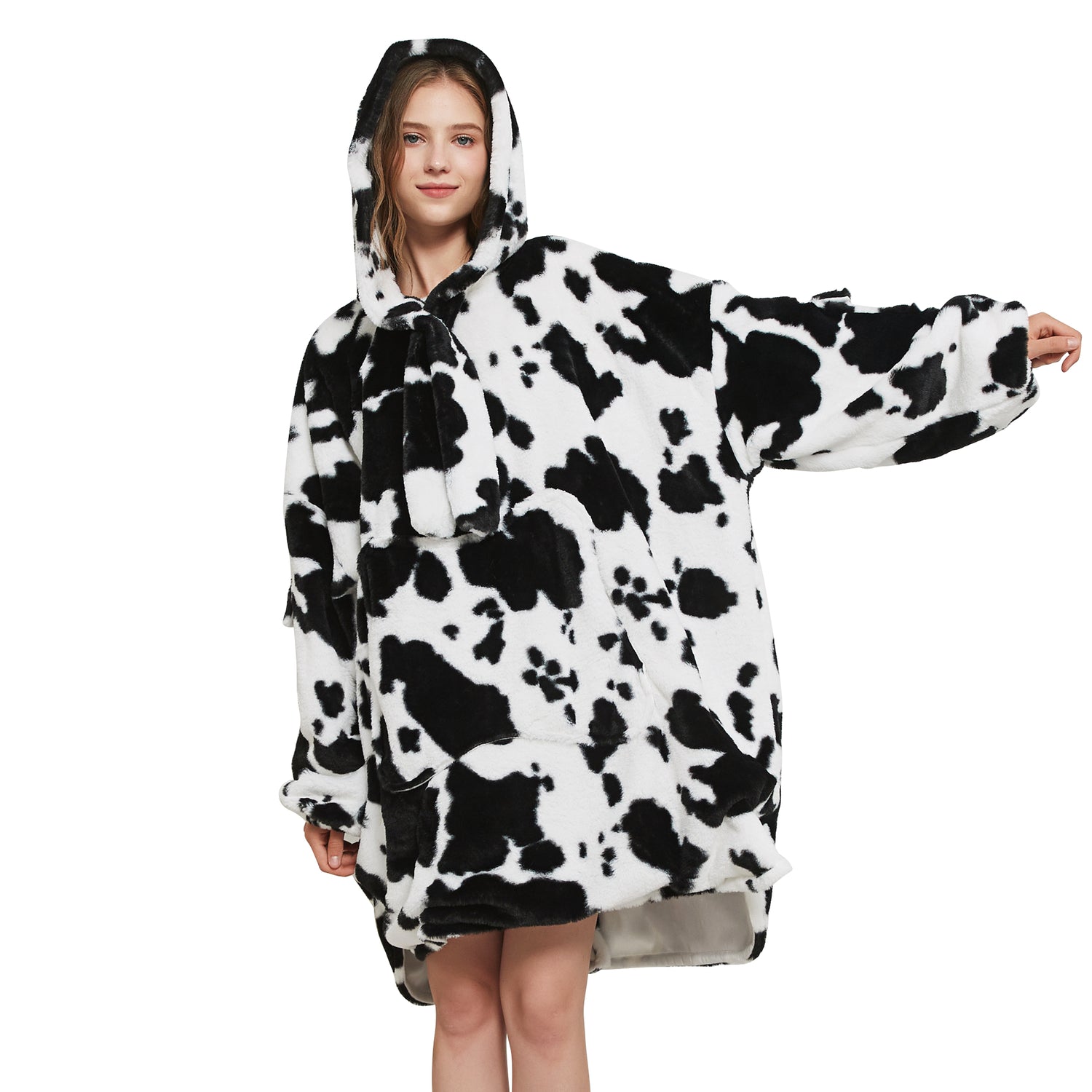 Black Cow Print Blanket Hoodie Oversized Super Soft Warm Giant Pullover with Large Front Pocket,Gifts for Women Men Teenagers