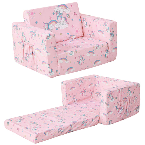 Pink Unicorn 2-in-1 Toddler Sofa Bed with Removable Cover & Pockets