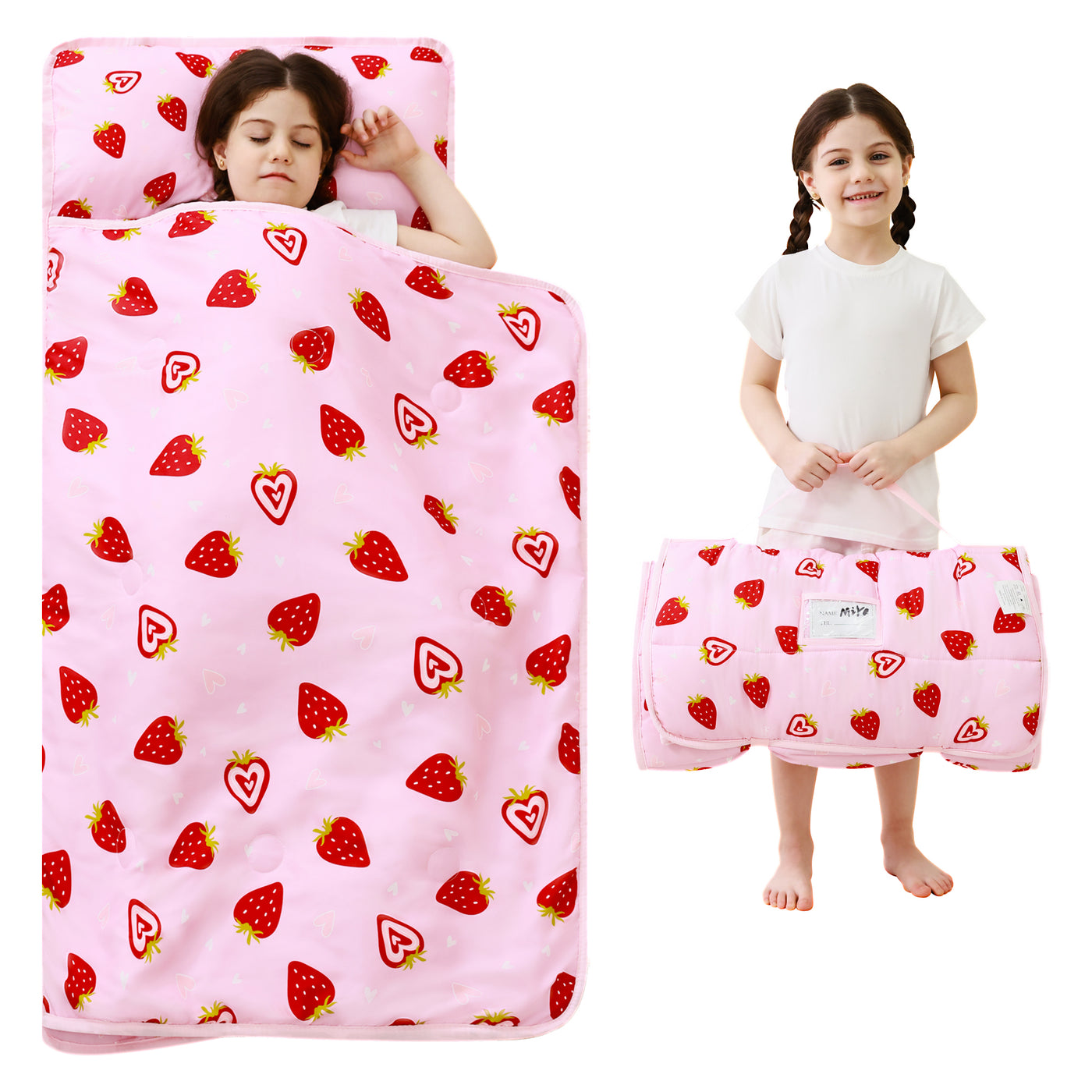 Pink Strawberry Toddler Nap Mat with Pillow & Blanket