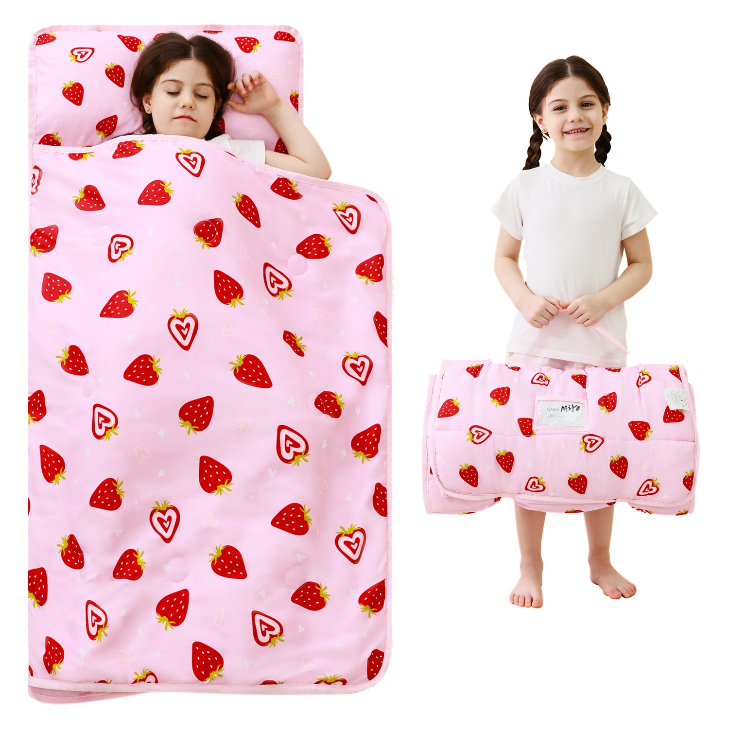 Pink Strawberry Toddler Nap Mat with Pillow and Blanket