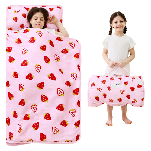 Pink Strawberry Toddler Nap Mat with Pillow & Blanket